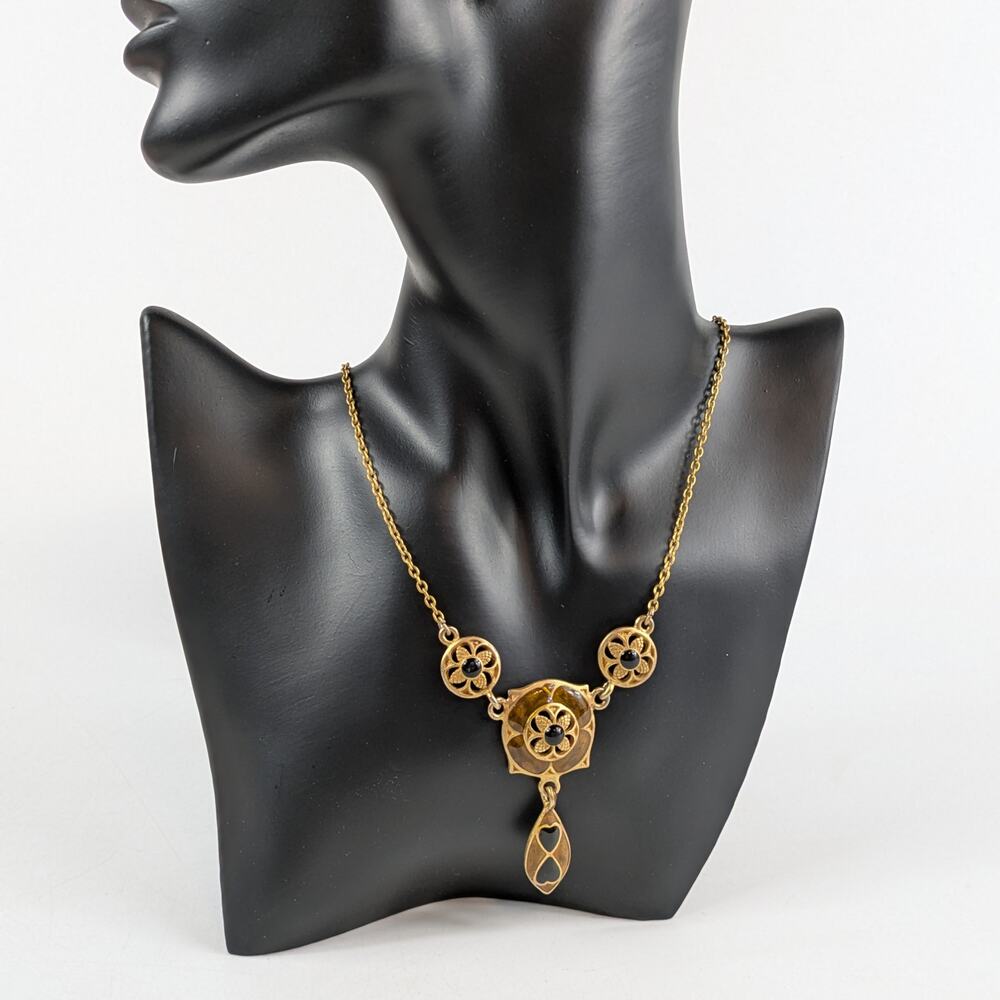 Vintage Gold Tone Drop Pendant Necklace Black Glass Inlay Art Deco Revival 11"
